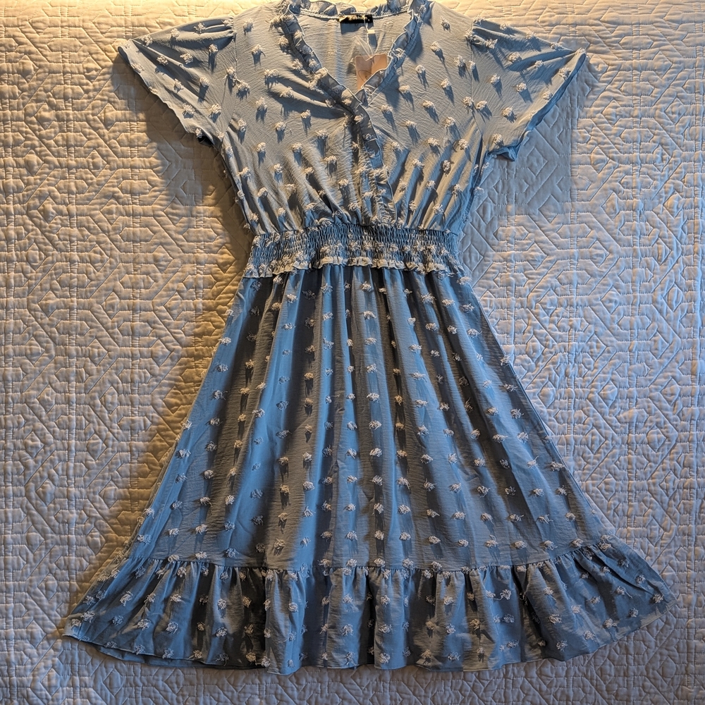 Sky Blue,Swiss Dot,Smocked Waist,Mini Dress,VNeck,Ruffle Tiered Hem,Short Sleeve